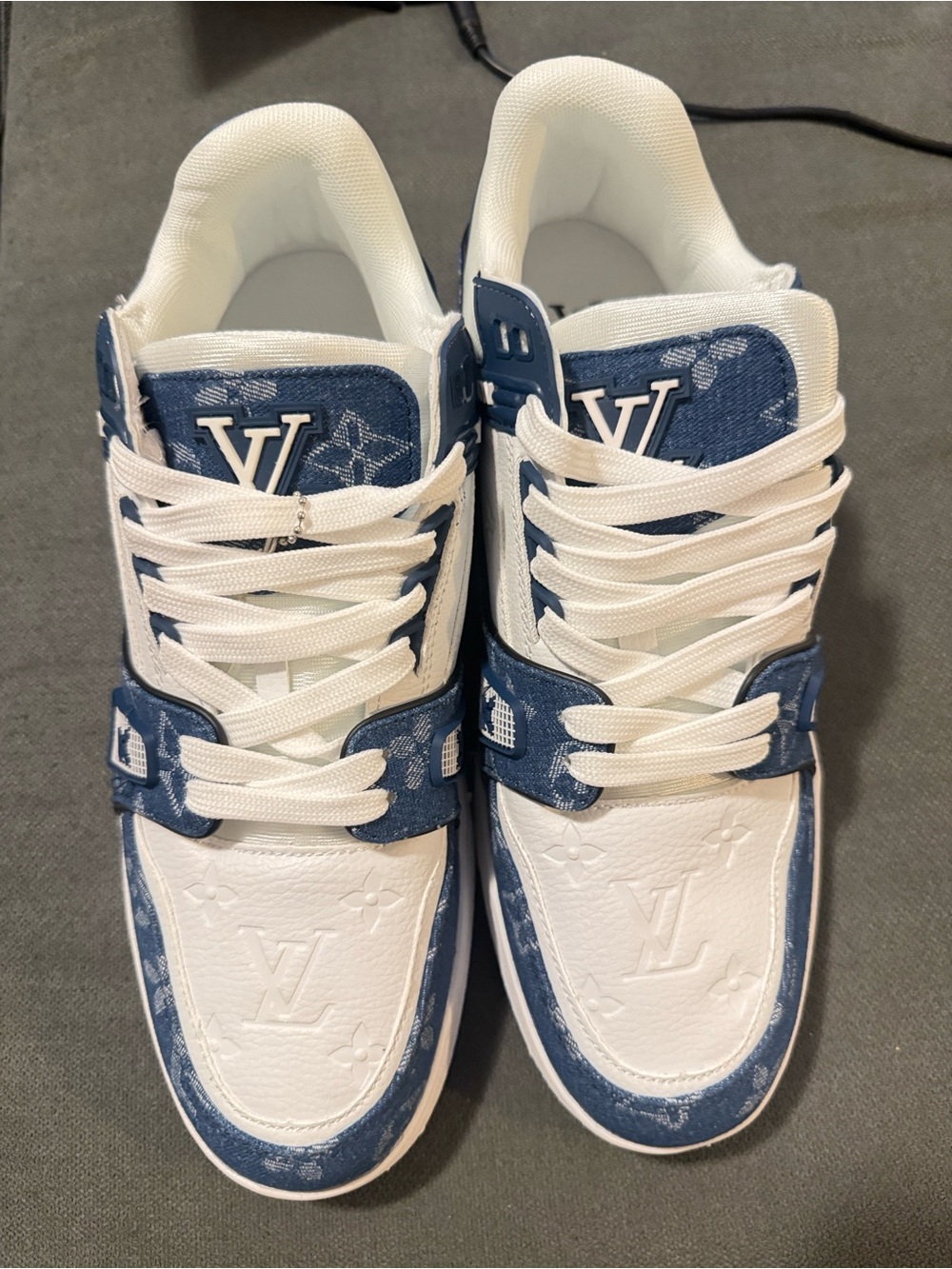Louis Vuitton White and Navy Monogram Low-Top Sneakers